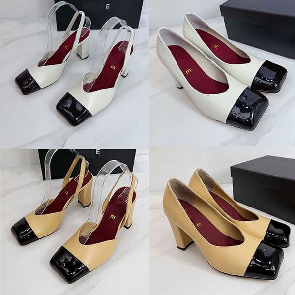 Classic black white color Square toe high heels top quality Patent Leather Chunky Heel Slingbacks Fashion Two Color Career Related Functions Pumps