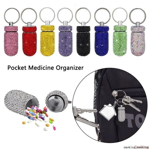 Bling Diamond Aluminum Alloy Rhinestone Medicine Case Pill Container Pocket Organizer Storage Bottle With Keychain Box Tablet Holder Sparkling Mini Dabber DHL