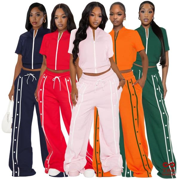 GL6795 Womens Sports Lace-Up Button Loose Pocket Wide-Leg Pants Zipper Set Two-Piece Set