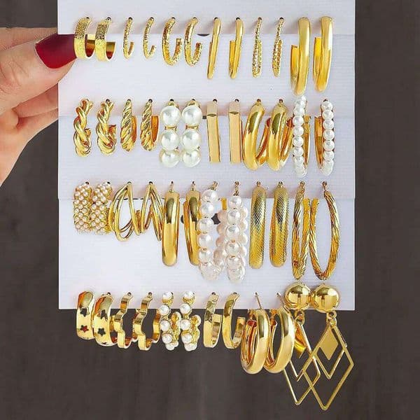 6Pairs Gold Color Vintage Geometry Pearl Set Metal Chain C shape Dangle Earrings for Women Simple Trendy Party Jewelry