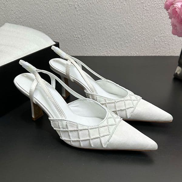 Fashion Ladies High Heels Sharp Head Sandals Womens Mesh Beading Fine With Sandals Designer Diamond Grid After Empty High Heels Genuine Leather Outsole ize 35 41