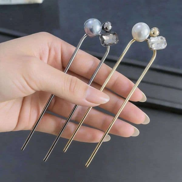 Elegant Pearl Sticks Women Fork Geometric Metal Hairpin Bridal Updo Hair Accessories for Bun Hairstyle
