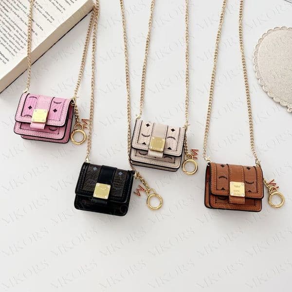 Luxury Universal Earphone Protector Case for Airpods 1 2 3 4 Pro Pro2 Pro3 Leather Mini Purse Earbuds Headset Charging House Storage Holder Cover With Anti-drop Chain