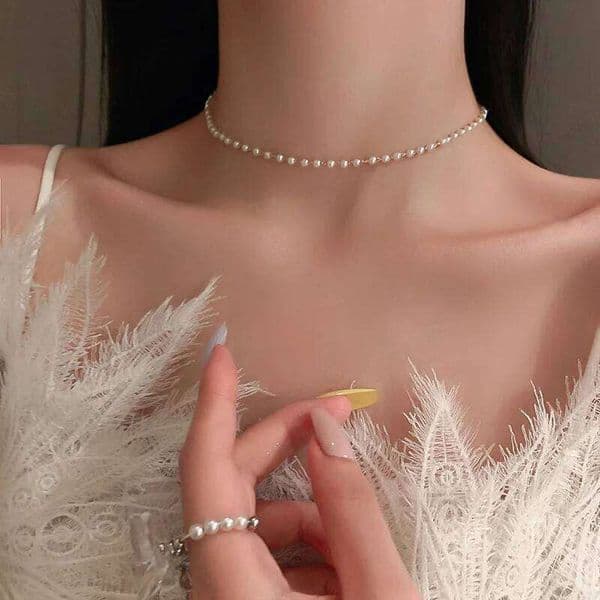 JWER Women's Chain Kpop Pearl Choker Necklace Gold Color Goth Y2K Trend Elegant Jewelry Wedding Pendant Collar for Girl