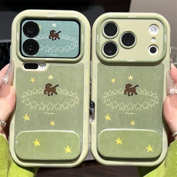 Green Star Pony iPhone 17 Pro Max Case, Apple 16/15 Cream Shell, 14/13 Stand with Mirror