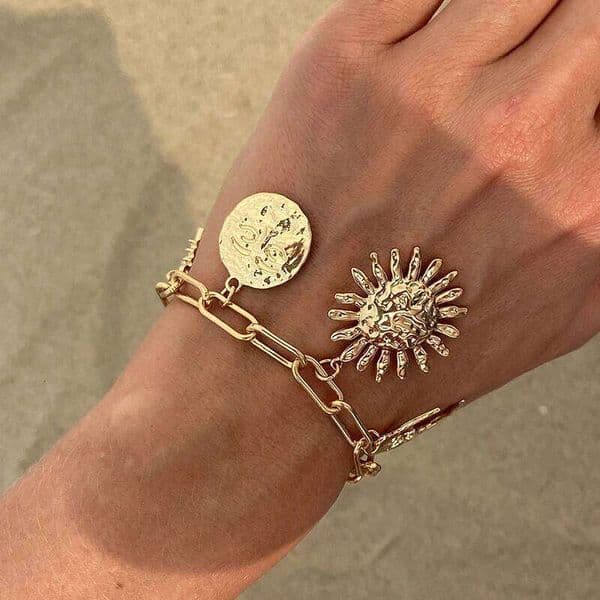 2025 Charm Eye Sun Moon Bow Heart Pendant for Women Vintage Thick Cuba Chain Bangle Bracelet Outdoor Y2K Jewelry