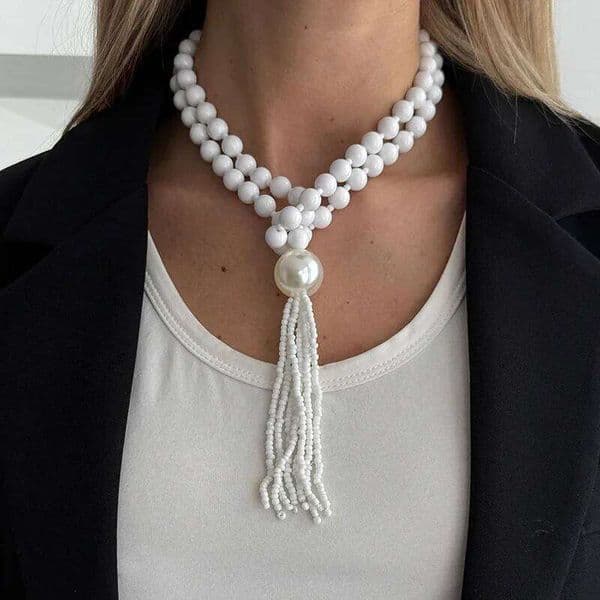Bohemian Beaded Fringe Necklace Women Layered Luxury Elegant Long Round Bead Collarbone Chain Accessory Vacation Party Wear Gift