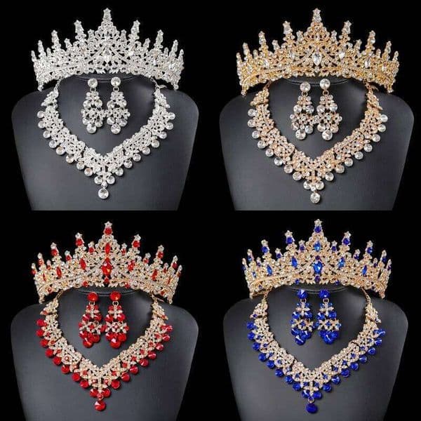 Trendy Rhinestone Tiaras And Crowns Diadem Earring Necklace ForWomen Party Bridal Wedding Hair Accessories Jewelry Crown Set