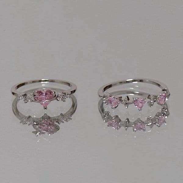 Y2K Style Sparkling Pink Zircon Bride Rings for Women Couples Korean Trendy Heart Star Geometric Wedding Party Jewelry