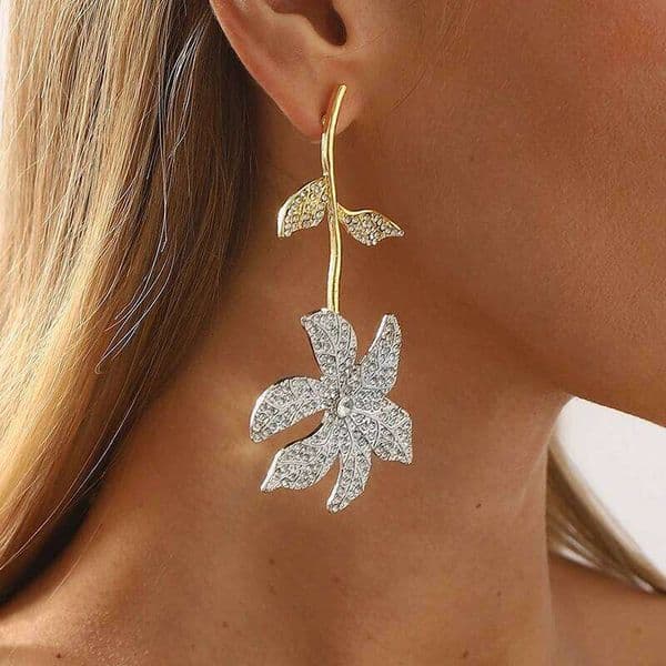 Exaggeration Rhinestone Floral Drop Women Zircon Long Elegant Exquisite Statement Earrings Party Accessory Holiday Gift