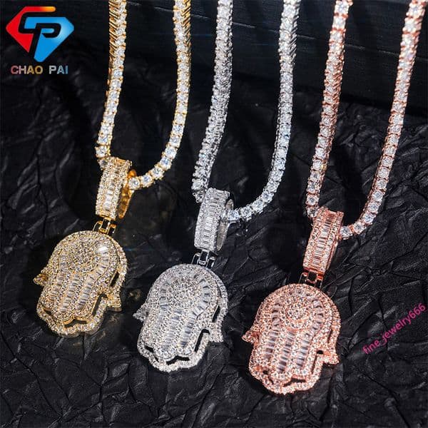 Protection Lucky Charm Hamsa Hand Pendant Iced Out Jewelry Custom Moissanite Pendant Religious Pendant Fatimas Hand