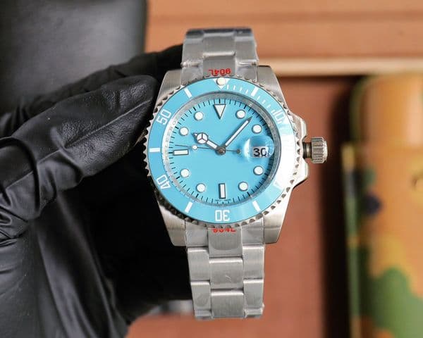 Men's Automatic Mechanical Wristwatch 40mm Light Blue Ceramic Bezel 904L Steel Waterproof Business Casual Style