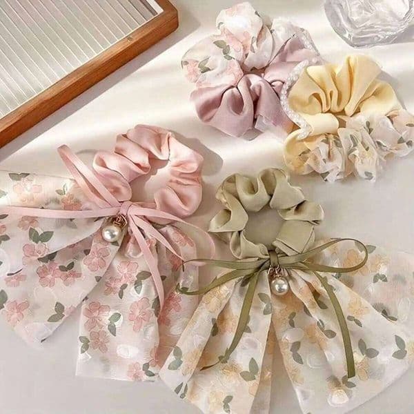 1pc Floral Bead Streamer Bowknot Ties, High Ponytail Pill Hair Accessories, Holiday Gift