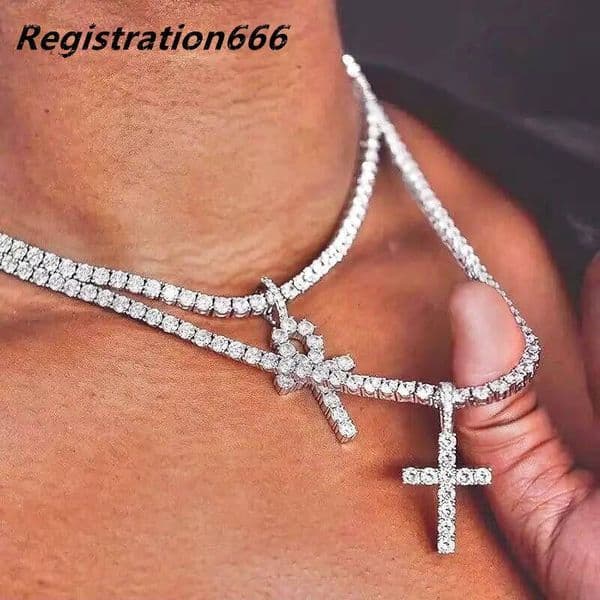 Pass Diamond Tester 925 Sterling Silver VVS Moissanite Diamond Ankh Cross Pendant 4mm Tennis Chain Necklace Jewelry Set