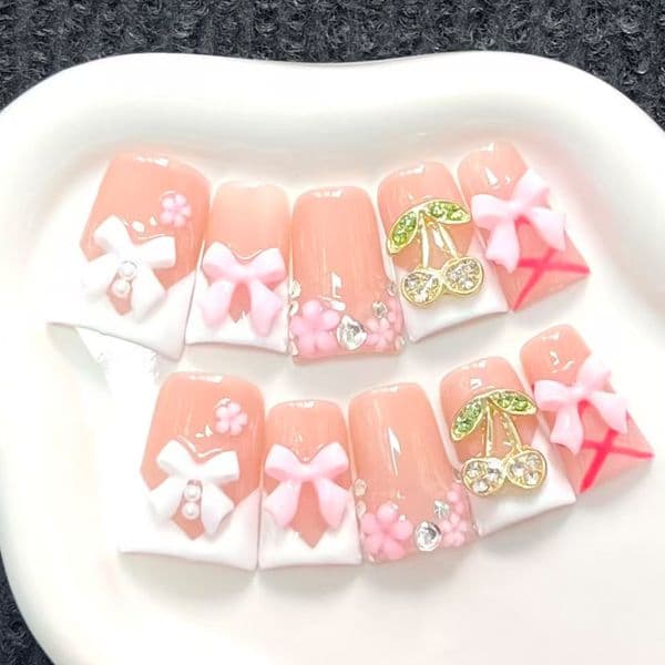 Cross-border popular duckbill and cool style, three-dimensional flowers, sweet handmade press-on nails, bowknot nail art wholesale