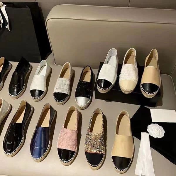 CC Designer Shoes Women Two-Tone Espadrilles Flats, Classic Cap Toe Slip-On Loafers, Canvas Leather Casual Shoes for Ladies, Summer Beach Walking Sandals Plus Size 34-42