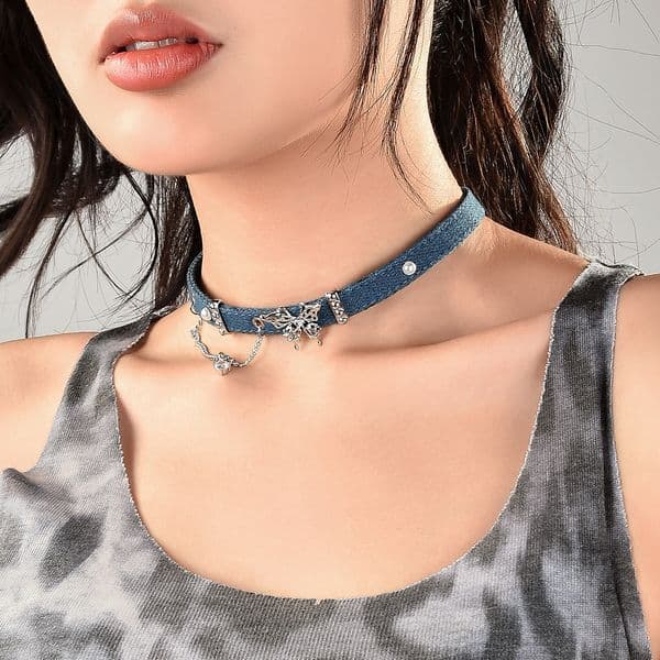 New butterfly tassel denim high-end heart-shaped choker vintage blue collarbone neck chain wholesale