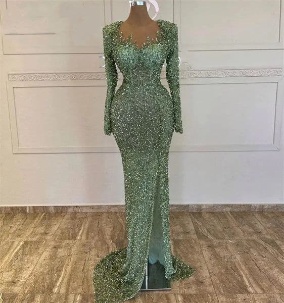 Luxury Sequined Evening Dresses Mermaid Beads Long Sleeve Women Green Formal Prom Graduation Party Gowns Customized