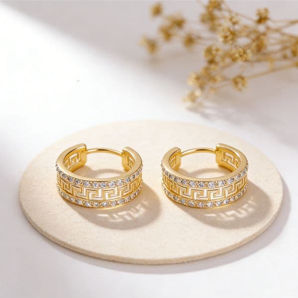 Earrings European And American Best-Selling Zircon Earrings Fashionable Commuter Style For Inlaid Diamonds Copper Plated With 14K Real Gold Great Wall Pattern