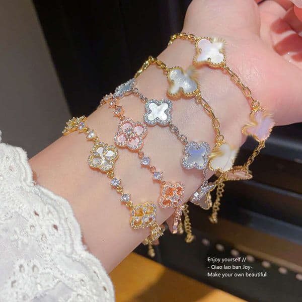 18K Real Gold Plated Mother-of-Pearl Rhombus Flower Sweet Niche Versatile Bracelet Light Luxury High-End Feel Women's Jewelry