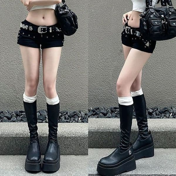 new model Designer s new elastic thick sole height increasing short boots for women not over the knee long boots leg hugging boots for slimming and tall knight boots