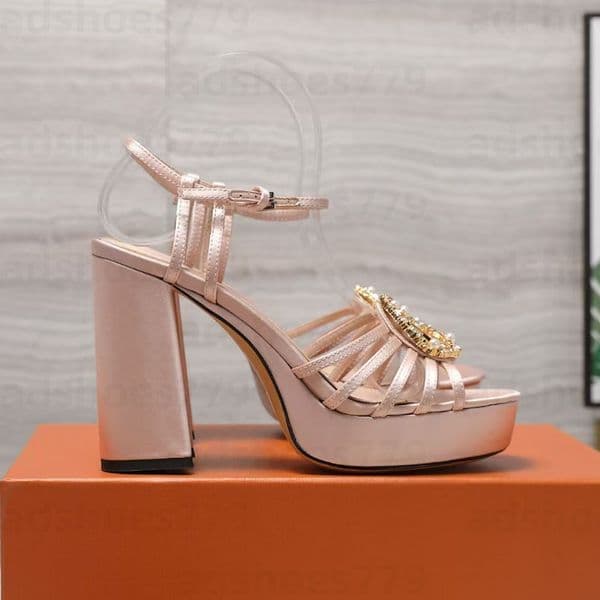 Top quality Women's Chunky Heel platform sandals Luxury silk rhinestone buckle designer open toed dress shoes women platform sandal factory footwear size 35-42