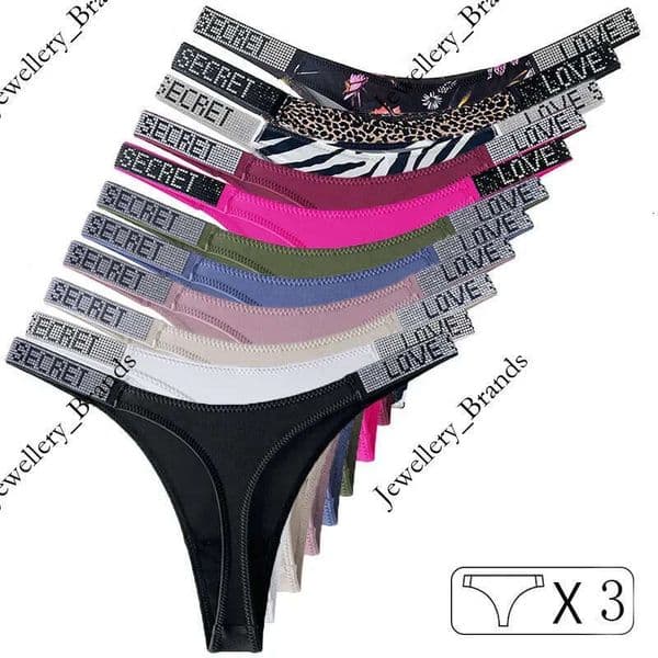 Victoriasecret Women's 3Pcs Low Waist Sexy Women Thongs Rhinestones Letter Diamonds G-string Sports Thong Shorts Briefs T-back Size S-XL Panties 666