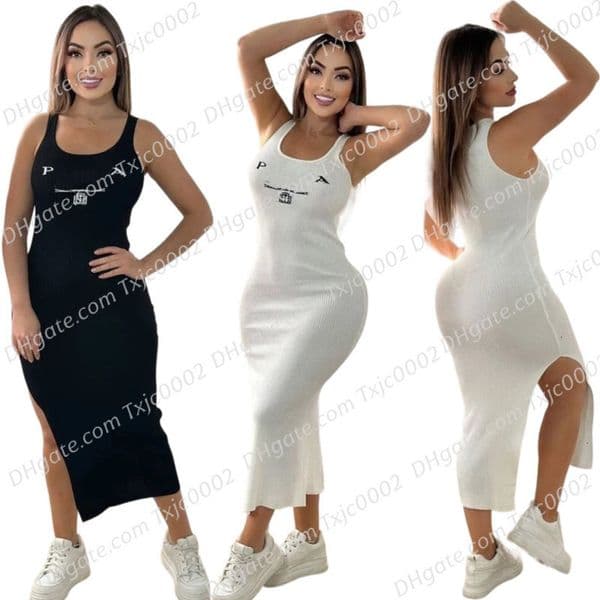 Women Dresses Designer 2026 New Fashion Basic Casual Dresses Summer Embroidered Waist Slimming Split Knit Dress 2 Colours