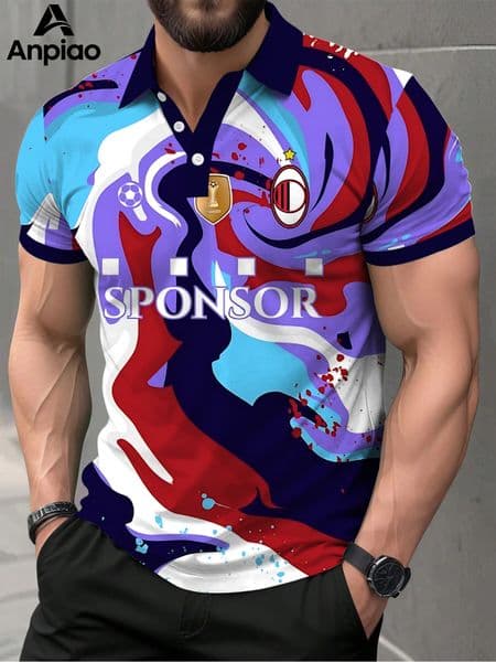 Trendy Sports Polo Shirt, Customizable Logo, Men's Color-Block Graffiti Print Breathable Sportswear