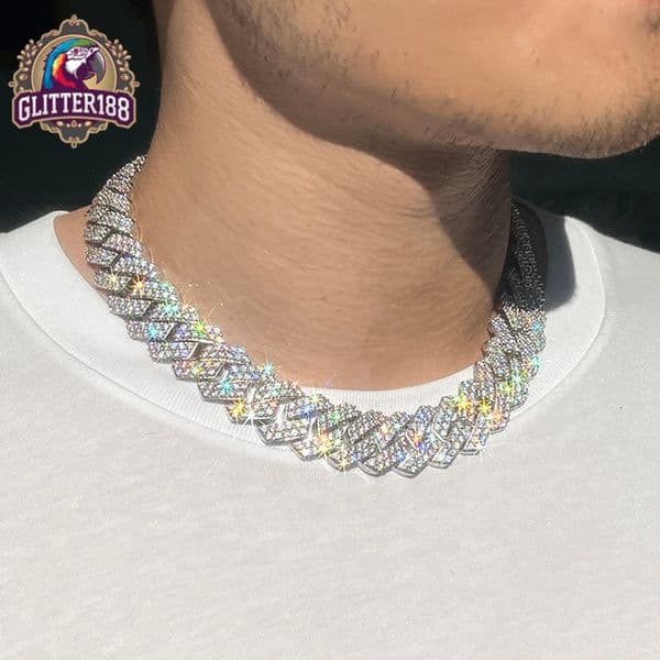 2026 Customized 20mm Prong Cuban Chain White Gold Plated S925 Silver Round Brilliant Cut Moissanite Diamond Hiphop Necklace