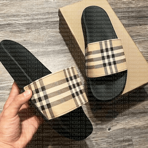 Designer Check Slides Summer Beach Slippers Vintage Tartan Slider Men Women High Quality Luxury Sandals Archive Beige Print Embossed Slide