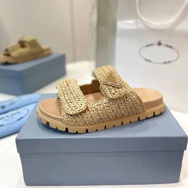 Designer Sandals Fashion Straw Sandal Platform Slippers Leather Slip-on Pool Slides Thick Heels Summer Beach Sandles Brown 001