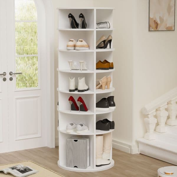 Rotating Shoe Rack Tower 7-Tier Spinning Shoe Rack Free Standing 360° Revolving Shoe Organizer High Bottom Design Shoe Tower Spinning Storage Fits 28 Pairs Shoes