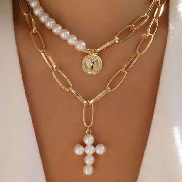 European and American INS Cross Vintage Style Seal Inlaid Artificial Pearl Sweater Chain Necklace