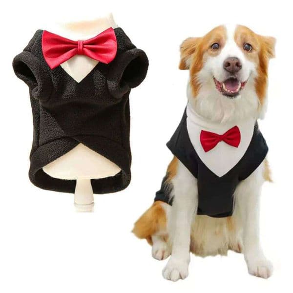 Large Tuxedo Wedding Costume Winter Warm Plush Dog Sweater Coat Suit with Bowtie for Male Dogs Pet Party Dress Up Supplies 26H0205