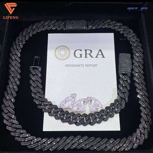 Rapper Jewelry Hip Hop Sterling Silver 8Mm 10Mm 13Mm 15Mm Black Moissanite Iced Out Cuban Link Chain