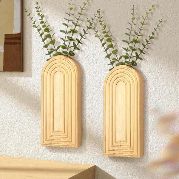 Rustic Pine Wood Two-Piece Wall Vase Set - Handcrafted Farmhouse Style Interior Design Accent Pieces