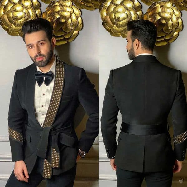 Formal Men Suits 2 Pieces Shawl Lapel With Belted Groom Wedding Tuxedos Beaded Business Occasion Party Customized