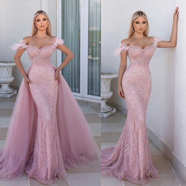 Romantic Crystals Mermaid Evening Dresses Off Shoulder Sleeveless Prom Gowns Detachable Train Customized Formal Party