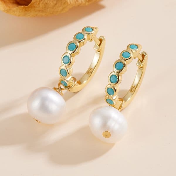 925 silver turquoise hoop with natural cultured pearl pendants, women's elegant and luxurious vintage earrings