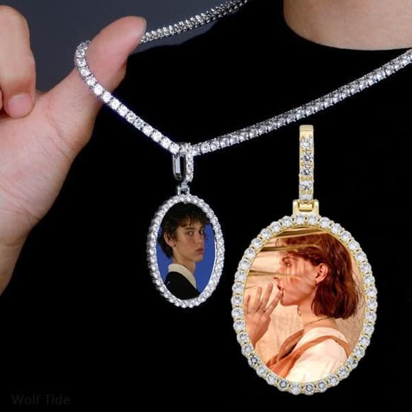 Bling Oval Custom Photo Pendant Necklace Rose Gold Plated Iced Out Cubic Zirconia Personalized Diamond DIY Picture Jewelry Memorial Gifts for Lovers Couples Mom Dad