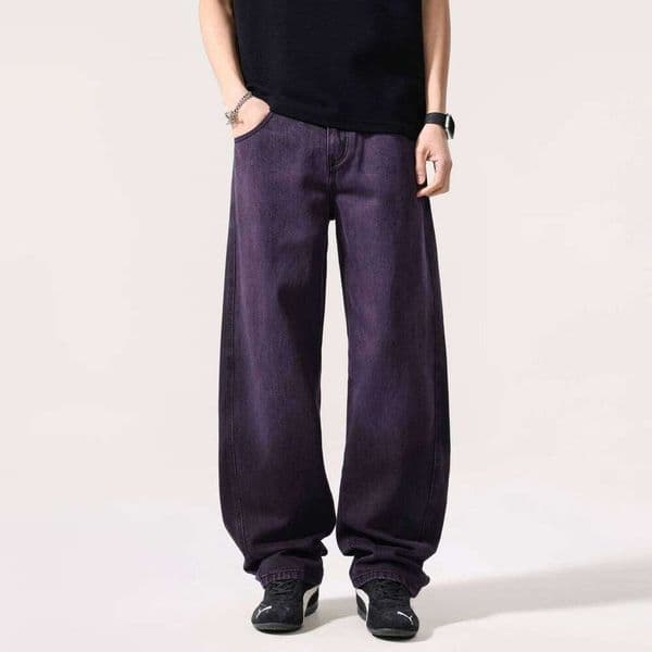 Purple Men Fashion Vintage Washed Denim Plus Size Loose Casual Straight Pants Man Streetwear Jeans Trousers