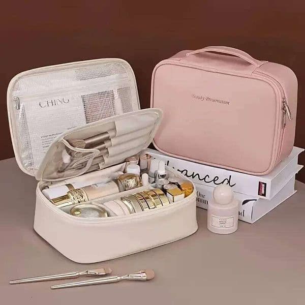 Large Capacity Waterproof PU with Divider, Portable Toiletry Storage Bag, Cosmetic Travel Bag