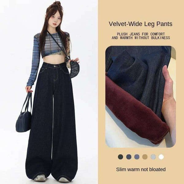 Women's Jeans 2026 Winter Retro Raw Denim Fleece-Lined Wide Leg Straight Pants Colorfast Draping Loose Warm Versatile