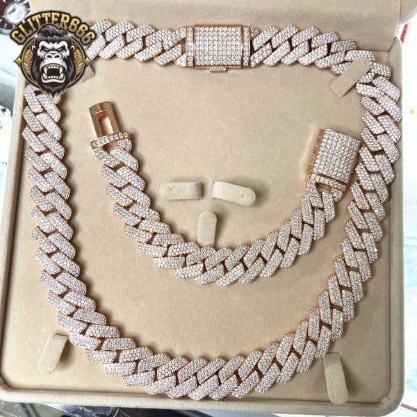 Hip Hop Jewelry Iced Out VVS 18mm Width 3 Rows Rose Gold 925 Sterling Silver Moissanite Cuban Link Chain Necklace