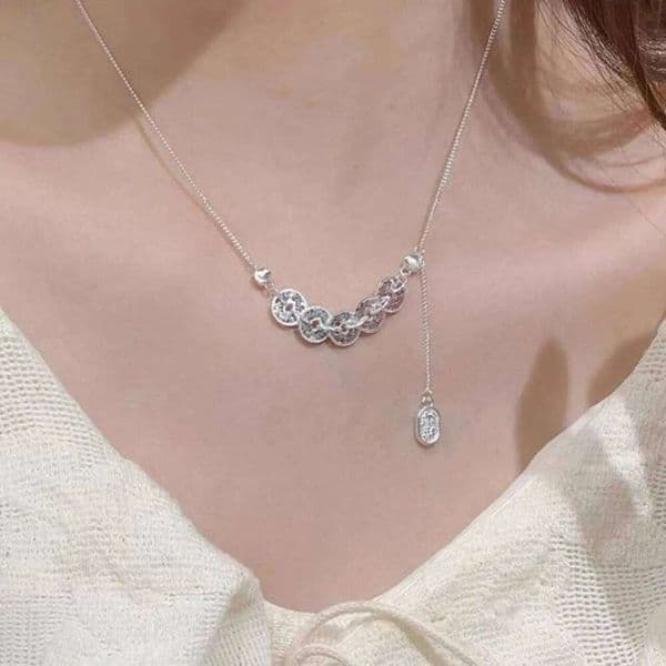 Necklace Gold Plated Crushed Ice Five Emperor Coins with Cubic Zirconia Chinese Style Adjustable Clavicle Chain for Cultural Festival Gift High Quality Texture