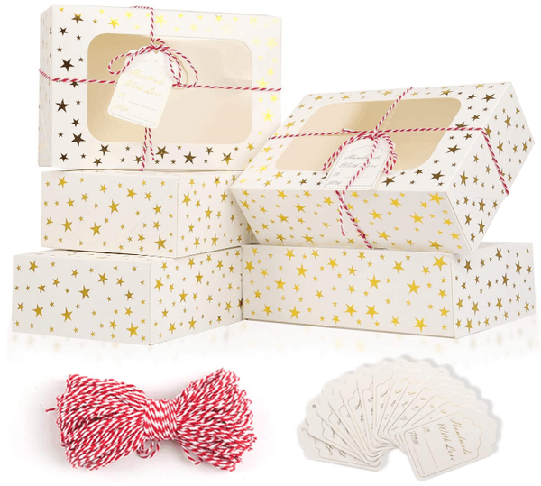 Christmas Cookie Boxes, Gift Giving, Golden Star Christmas Treat Boxes with Window, Cookie Boxes,Baking Goods Packaging Box for Desserts, Mini Cake, Donuts. Customize.