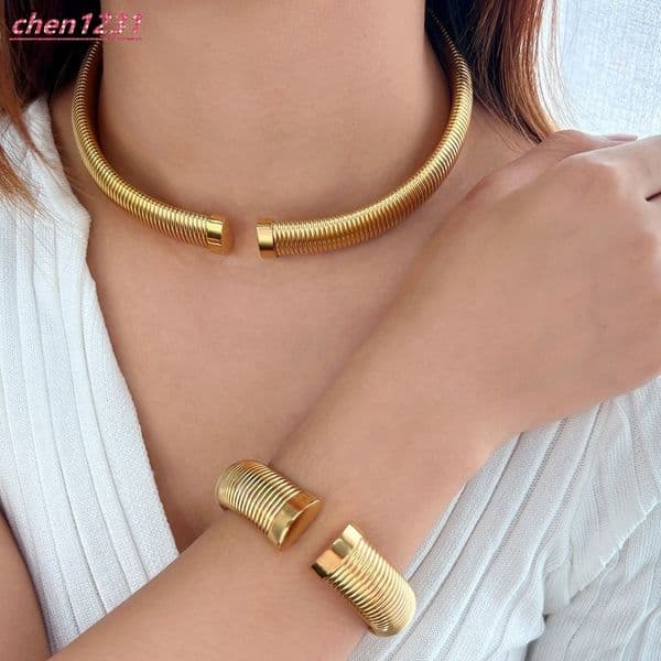 8-16mm 18k Gold Plated Snake Chain Choker Bracelet Set Simple Stretchable Elastic Wide 18K gold Necklace for Women Gift