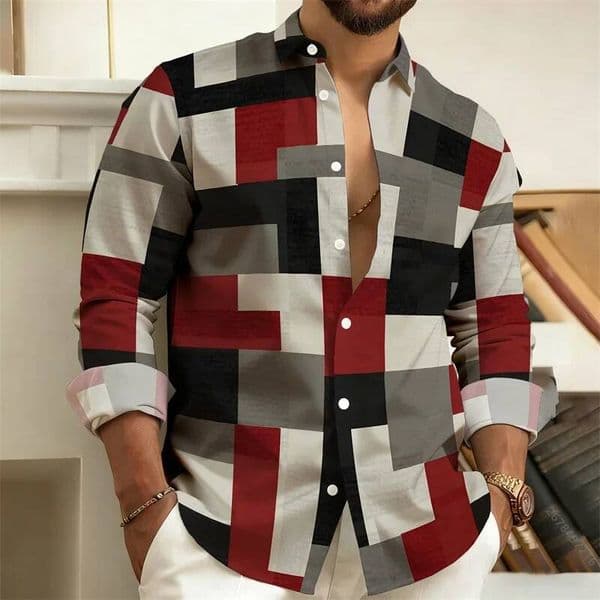 Bestseller Casual Slim-Fit Geometric 3D Printed Color-Blocked Long-Sleeved Shirt Stylish Men's Top ddmytues