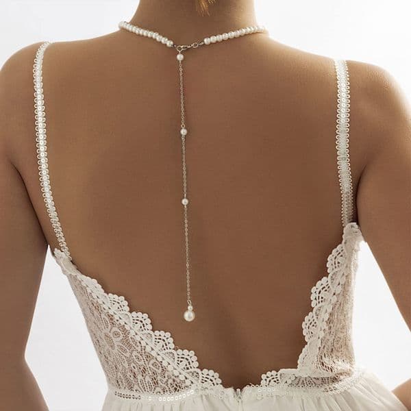 jewelry sexy faux necklace for women, bridal pearl long back body chain, chest chain
